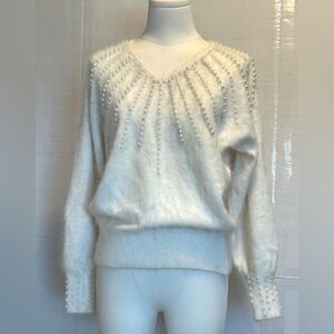 Vintage Christine Phillipe Ivory Pearl-Embellished V-Neck Women's Sweater size S